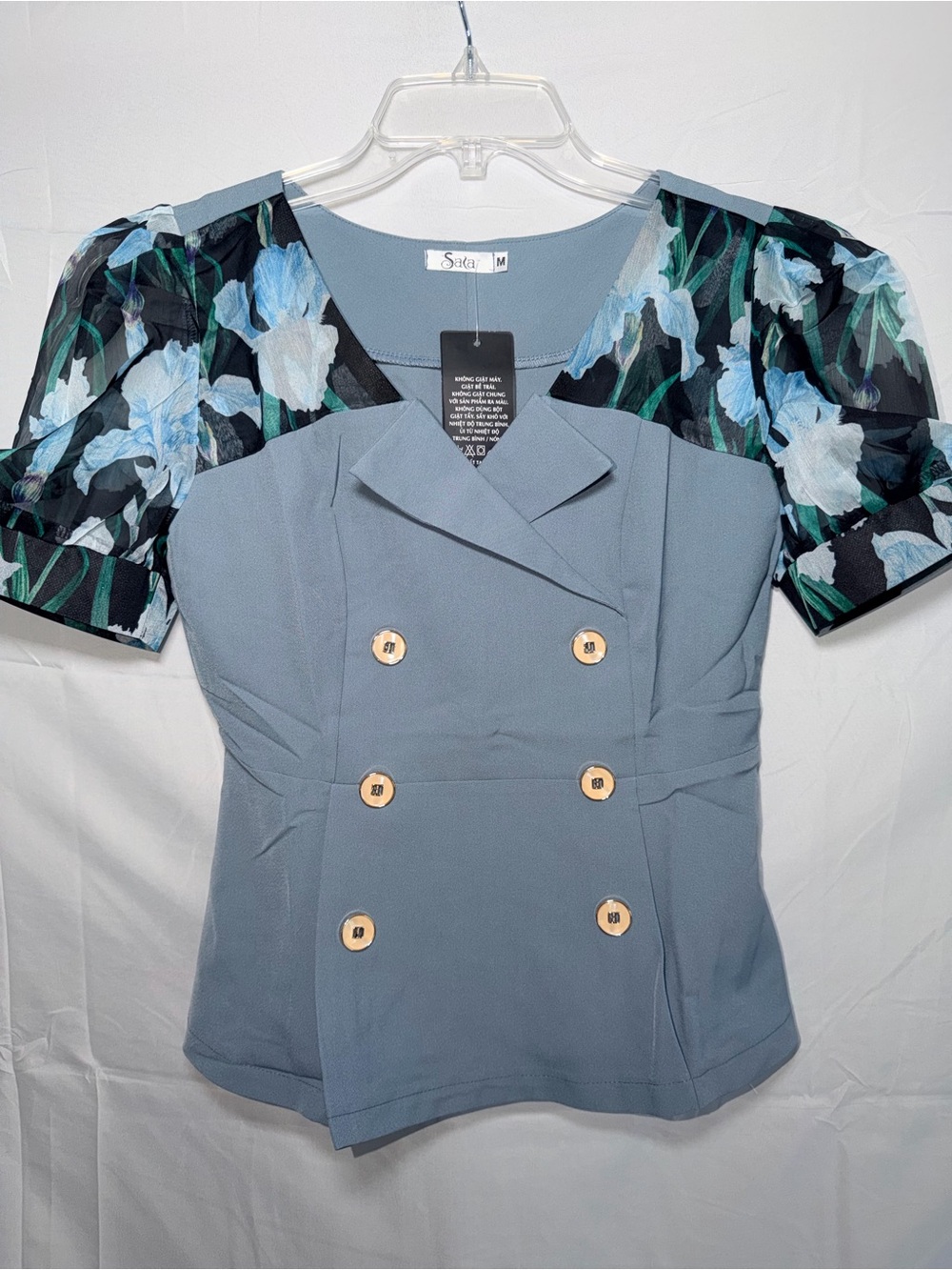 Sala Double-Breasted Dusty Blue Peplum top with floral puff sleeves